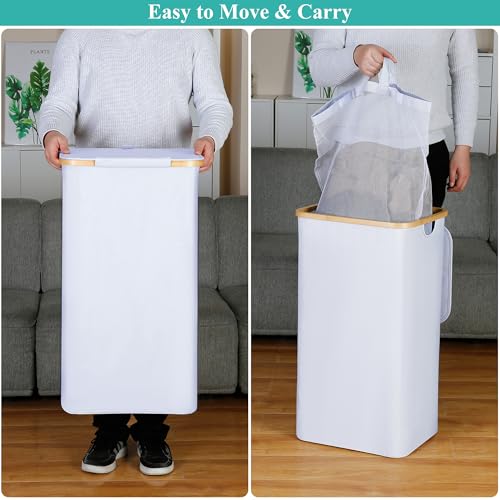 iEGrow 110L Laundry Hamper with Lid，Dirty Clothes Hampers for Laundry,Laundry Basket with Bamboo Handles and Removable Bag,Hamper for Bedroom, Bathroom, Dorm, Laundry Room, White - color: White, size: 110L