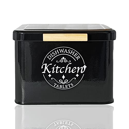 Dishwasher Pod Container with Hinged Lid. Farmhouse Metal Dishwaser Pods Holder for Kitchen Cabinet Organizer. Modern Kitchen Decor and Accessories. Dishwasher Detergent Tablet Storage (Black) - color: Black