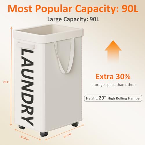 Optish Laundry Basket with Wheels, 90L Rolling Laundry Hamper with Wheels, Large Clothes Hamper on Wheel with Removable Mesh Bag for Bedroom, Bathroom, Dorm, White - color: White