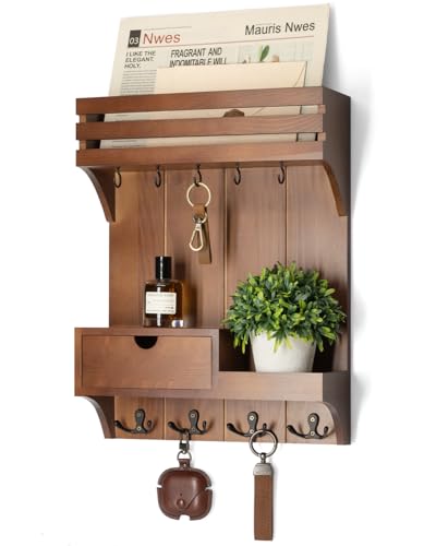 Rebee Vision Farmhouse Key Holder Wall Mount – Decorative Mail Organizer with 9 Key Hooks and Mini Drawer Organizer – Rustic Home Decor for Apartment Essentials (Brown) - color: Brown, style: Small Drawer