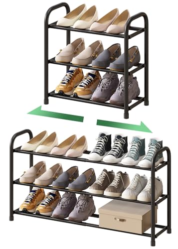 kiplant Shoe Rack for Closet, 3-Tier Expandable Shoe Organizer, Metal Adjustable Black Shoe Shelf Storage Organizer, Free Standing Shoe Rack for Entryway Closet Doorway - color: Black, size: 3-Tier_Long