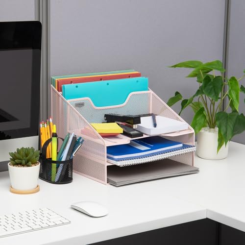 Mind Reader Metal Mesh Desktop File Organizer, 3-Tier Paper Tray with 5 Compartments, Office Mail Sorter, Pink - color: Pink