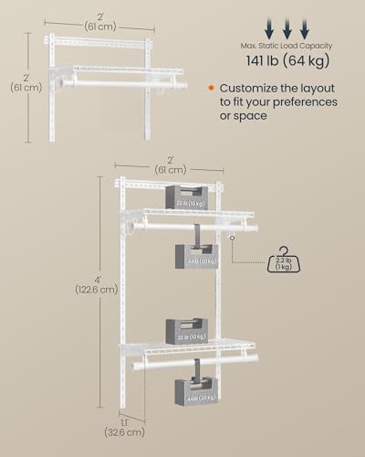 SONGMICS HOME Closet System, Closet Insert Organizer, 2 ft, Adjustable Metal Shelving Unit with 2 Hanging Rods, 2 Shelves, and Hooks, for Pantry Mudroom Garage Basement, Cloud White URGR030W01 - size: 1 Tier