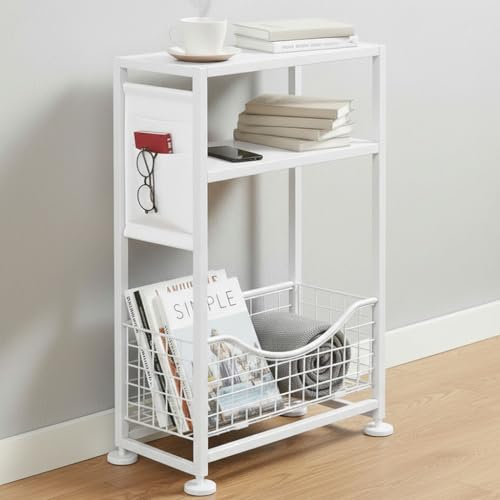 Skinny Side Table with Storage, 3 Tier Slim Side Tables for Small Spaces, Skinny End Table Narrow Bedside Table Narrow Side Table for Living Room, Bedroom - color: White