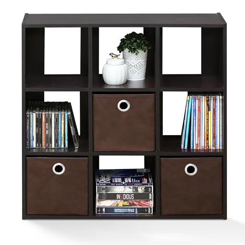 Furinno Simplistic 9-Cube Organizer with Bins, Small Size (Assembled Unit Dimensions : 7.9"D x 26.5"W x 26.7"H Inches), Dark Walnut - color: Dark Walnut, size: 9-Cube with Bin