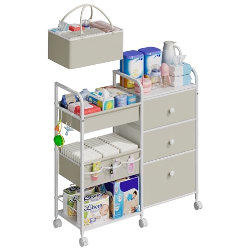 Cidaziya 2In1 Baby Diaper Caddy Organizers and Storage, 3 Tier Rolling Cart with Dividers and Drawers, Mobile Utility Cart Baby Dresser Clothes Organizer for Changing Table, Crib Nursery, Bedroom - color: White, size: 32.48"W x 11.42"D x 33.5"H