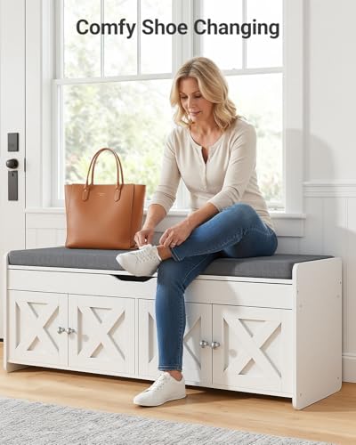 Pipishell 2-Tier Shoe Storage Bench with Cushioned Seat, Entryway Bench with Adjustable Shelf & Barn Doors, 300 lbs Capacity, 47.2" W x 15" D x 18" H, for Entryway, Bedroom, Living Room, White - color: White, size: 4 doors- 47.2" W x 15" D x 18" H