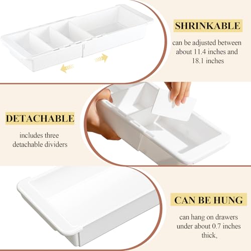 3 Pcs Expandable Drawer Organizer Bins Adjustable Deep Drawer Hanging Organizer Tray Expandable 11.4 to 18.1 Inches Plastic Dividers Storage for Office Bathroom Bedroom Kitchen Desk, White