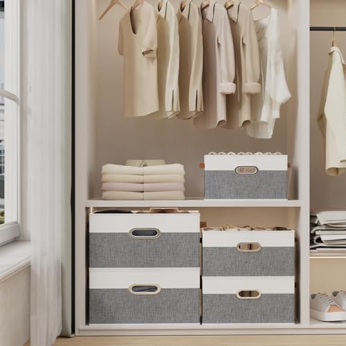 Yawinhe Foldable Storage Baskets for Shelves, Fabric Closet Organizers, Bins with 3 Handles, Cubes for Clothes, White/Grey, 15''Lx9.8''Wx8.3''H, 6-Pack - color: White/Grey, size: 15.0x9.8x8.3inch(6-Pack)