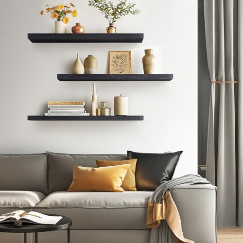 BAYKA Floating Shelves for Wall, Set of 3, 36 Inches Long Wall Mounted Rustic Wood Shelves for Bathroom, Bedroom, Living Room or Kitchen, for Book/Storage/Decor with 30lbs Capacity - Black - color: A. Black - Universal Classic Style, size: 36inches