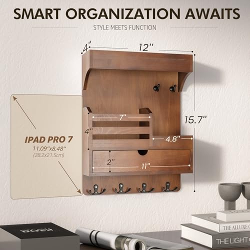 Rebee Vision Farmhouse Key Holder Wall Mount with Drawer Organizer – Pine Wooden Mail and Key Organizer for Wall with 6 Sturdy Hooks & Floating Shelf – Perfect for Retro Living Room Decor (Brown) - color: Brown, style: Large Drawer