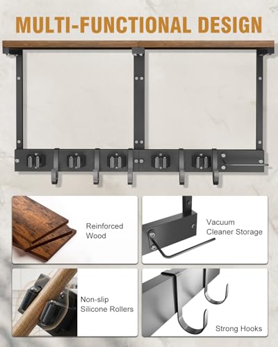 Supforce Broom Holder Wall Mount with Top Wooden Shelf, Heavy Duty Metal Cleaning Supplies Broom Hanger with Vacuum Organizer and 5 Slots & 5 Hooks for Laundry Garage Tool Storage Kitchen (Large) - size: Large