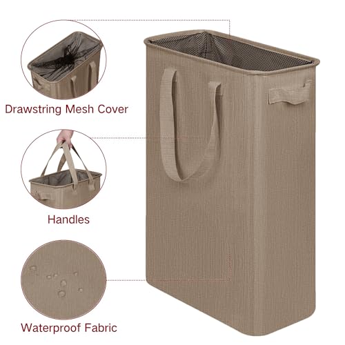 efluky Slim Laundry Basket, Narrow Laundry Hamper with Handles, Collapsible Dirty Clothes Hamper, Tall Laundry Bin for Laundry Room, Dorm and Bedroom, 12.7 Gallons(48L) Flax Brown - color: Flax Brown, size: 48L without Lid