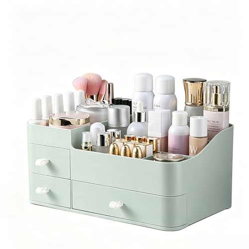 MIUOPUR Makeup Organizer with Drawers, Bathroom Counter Organizer, Plastic Cosmetic Display Case, Large Skincare Storage for Vanity Countertop, Ideal for Bedroom Dresser top and Desktop - color: Fresh Green