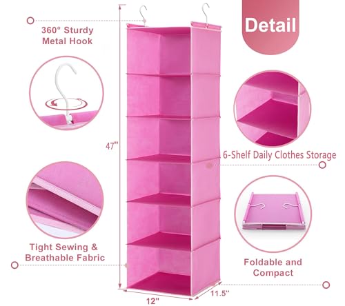 MAX Houser 6-Shelf Hanging Closet Organizer, Hanging Storage Shelves with 2 Sturdy Hooks Space-Saving for Bedroom, Foldable (Pink) - color: Pink