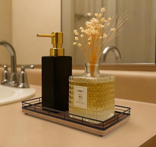 Bathroom Vanity Tray for Countertop, 12" x 6" Acacia Wood Toilet Tank Tray with Metal Guardrail, Bathroom Organizer for Soap, Perfume & Skincare, Non-Slip Decorative Tray for Dresser, Black & Acacia - color: Acacia, size: 12" x 6" x 1.5"
