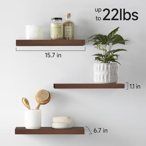 BAYKA Floating Shelves for Wall, Set of 3, Wall Mounted Rustic Wood Shelves for Bathroom, Bedroom, Living Room, Kitchen, Small Hanging Shelf for Books/Storage/Room Decor, Walnut-Like, 15.7in - color: E. Walnut-like - Timeless Traditional Style, size: 15.7