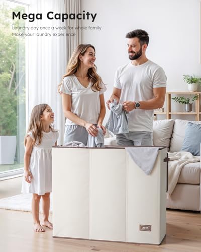 SOLEDI 180L Laundry Hamper 3 Section, Extra Large Laundry Hamper with Lid, Dirty Clothes Hamper with Sturdy Handle, Large Laundry Basket Organizer for Laundry Room, Bedroom, Hampers for Laundry - color: Off-white, size: 180L