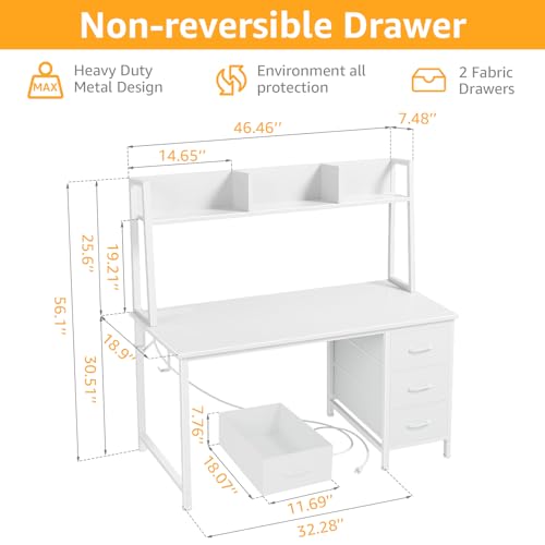 DLisiting White Computer Desk with Hutch & Drawers - 47 Inch Modern Study Writing Office Desk with 3 Storage Drawers and Power Outlets for Bedroom Home Office - color: White