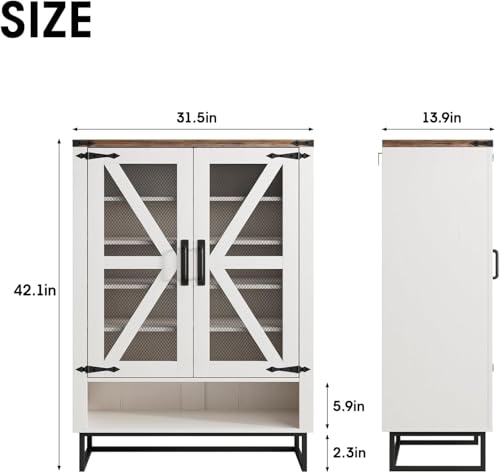 Maupvit 42.1" Farmhouse Shoe Cabinet with Ventilated Mesh Doors, 6-Tier Shoe Storage Cabinet with Adjustable Shelves & Metal Legs, Rustic Wooden Shoe Rack Organizer for Entryway, Hallway, Foyer, White - color: White