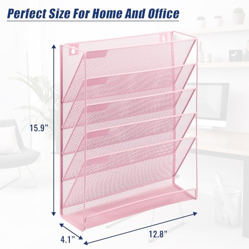 EASEPRES Desk File Organizer Mesh 6-Tier, Hanging Wall Mount Document Organization Stand, Desktop Vertical Mail Paper Folder Holder Rack with Bottom Tray for Office Home Cubicle Countertop, Pink - color: Pink, size: 6 Tier