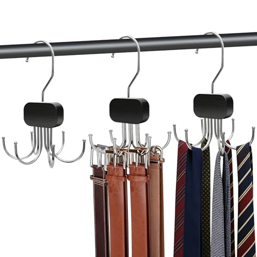 3 Pack Belt Hanger for Closet Organizer, 2026 Upgraded Tie Hangers for Space Saving & Storage, 360° Rotatable & Foldable Hooks, Large Capacity Rack for Tank Top, Bra, Purse (Black) - color: Black