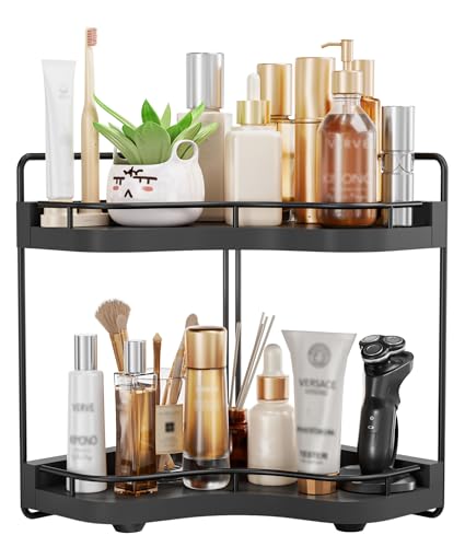 2-Tier Corner Bathroom Counter Organizer with Embedded Screw Holes, Secure & Stable Wood Vanity Shelf for Makeup and Skincare Essentials - Space Saving Bathroom Countertop Storage, Black - color: Black