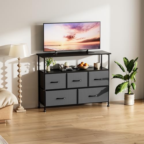 Simple Deluxe TV Stand Dresser for Bedroom Entertainment Center with 5 Fabric Drawers, Storage Organizers Units for Living Room, Media Console Table with Open Shelf up for 45" TV, Gray, Wood top - color: Grey, size: 39.3"D x 11.8"W x 31.8"H (5 Drawers)