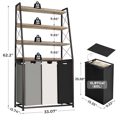 Herture Laundry Basket, 3 Section Laundry Hamper with 4 Tiers Shelf, Pull-Out and Removable Laundry Bags, Large 3 x 15.87 Gallons, for Laundry Room Bathroom Greige PF05XLZ - color: Greige + 3-Color, size: 3 Bags-180 L