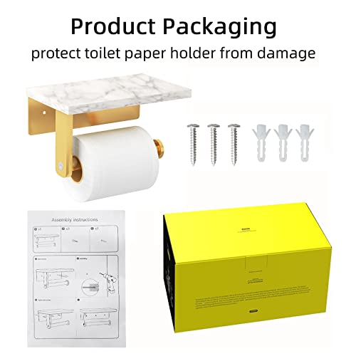 Brushed Gold Toilet Paper Holder with Natural Marble Shelf, 304 Stainless Steel Screw Wall Mounted, Tissue Roll Paper Holder Dispenser for Bathroom Washroom - color: Gold, size: 1 Roll