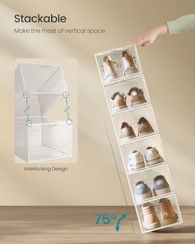 SONGMICS Shoe Boxes, Set of 12, Clear Plastic Shoe Storage, Stackable Sneaker Box, Drop Front Door, Up to US Size 11, Easy Assembly, 13 x 9.8 x 7.1 Inches, Transparent White ULSP032W12 - color: Transparent White, size: 12 Count