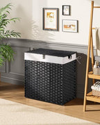 Greenstell Laundry Hamper with lid, No Install Needed, 110L Wicker Laundry Baskets Foldable 2 Removable Liner Bags, 2 Section Clothes Hamper Handwoven Rattan Laundry Basket with Handle, Black - color: Black, size: 110L (22.2x13.3x24.0 Inches)