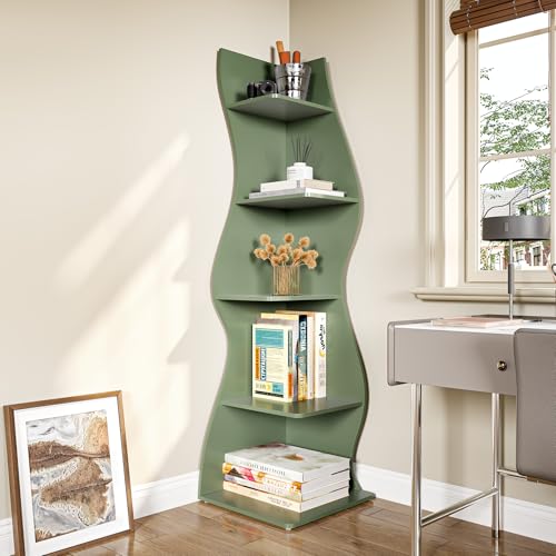LITTLE TREE Small Corner Shelf, Modern 5-Tier Wall Corner Bookshelf, Stylish Bookcase Storage Rack for Small Space, Living Room, Bedroom - color: Green, size: 1 Pack