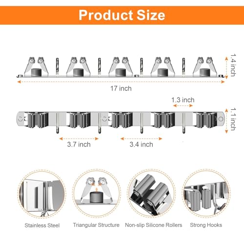 CUXIXA 2 Pack Mop and Broom Holder Wall Mount, Non-slip Broom Hanger Wall Mount, Heavy Duty Mop Broom Organizer for Kitchen Garden Garage Laundry Room Wall Decor Organization and Storage Silver 5R4H - color: Silver, size: 2Pack 5R4H