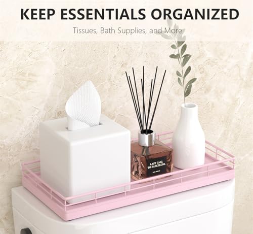 Toilet Paper Basket Organizer – Oak Wood Toilet Tank Tray with Metal Frame, Bathroom Counter Top Storage for Toilet Paper, Wipes & Decor, Modern Narrow Back of Tank Shelf Organizer, Pink - color: Pink, size: 13" x 6.5" x 2"