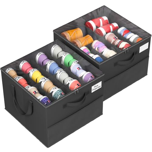 NestOrganix 2 Pack Shoe Organizer for Closet, Large Shoe Box Storage Containers, Foldable Shoe Storage Organizer Box Bin with Adjustable Dividers and Clear Cover, Space Saving Shoes Holder, Black - color: Black