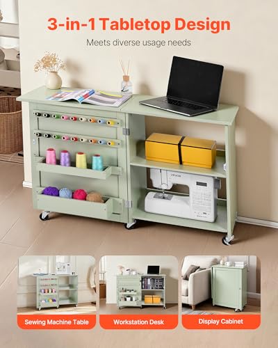 VEVOR Folding Sewing Table, Multipurpose Sewing Machine Table with Compact Design, Wheels, Wooden Pegs, Storage Trays and Shelf, Magnetic Door Lock, Craft Station and Side Desk for Home, Light Green - size: Green w/o Cabinet