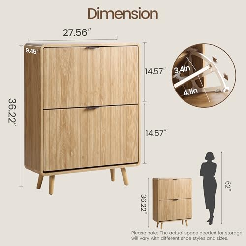 FurSch Fluted Shoe Storage Cabinet with 2 Flip Drawers, Narrow Shoe Rack Cabinet Organizer with Adjustable & Removable Shelves for Entryway (All Natural, 2 Drawers) - color: All Natural, size: 2 Drawers