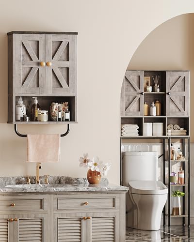 CHOEZON Bathroom Wall Cabinet, Medicine Cabinet with Open Partition and Towel Bar, Rustic Storage Cabinet with Open and Hidden Storage Space, for Bathroom, Living Room, Greige and Charcoal Black - color: Greige and Charcoal Black, size: 7.1"D x 15.4"W x 2