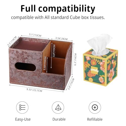 Leather Square Tissue Box Cover with Storage Tray,Cube Tissue Box Holder,Modern Facial Paper Organizer with Remote Control Holder for Bathroom,Vanity Countertop,End Table NightStand Home Office - color: Retro