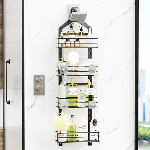 Orimade Adjustable Anti-slip Hanging Shower Caddy over Shower Head,Rustproof Bathroom Hanging shower Organizer with 4 Hooks for Razor,No Drilling Shower shelves Storage Rack,Black 4 Tier - color: Black - 4 Tier