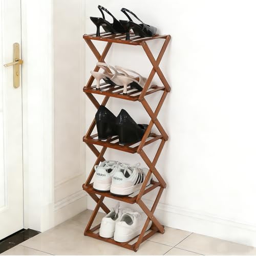 Bamboo Shoe Rack 5 Tier Foldable Shoe Rack Vertical Bamboo Shoe Organizer Free Standing Shelf for Entryway, Closet, Bedroom, Walnut Color - color: Walnut Color, size: 5-tier