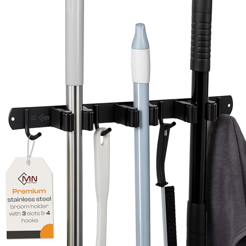 Heavy-Duty Stainless-Steel Broom Holder Wall Mount with 3 Racks and 4 Hooks | Waterproof Mop and Broom Hanger | Adjustable, Garage & Garden Tool Organizer | Black - size: 3 Racks & 4 Hooks