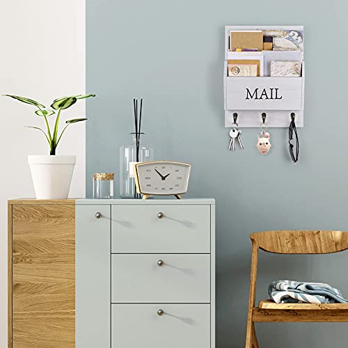 DLQuarts Mail Organizer with Key Holder for Wall Decorative Mail Sorter Wall Mounted, Wooden Mail Holder with 3 Hooks, White - color: White