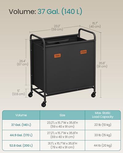 SONGMICS 2-Section Laundry Sorter, Laundry Hamper with Wheels, Rolling Clothes Hamper Cart with Large Capacity and Removable Bags, for Laundry Room, Bedroom, Bathroom, Ink Black URLS210B01 - color: Ink Black, size: 140 L