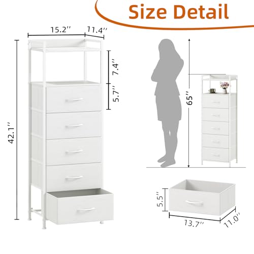 Somdot Tall Dresser for Bedroom, 5 Drawers Nightstand Vertical Storage Tower Unit, Night Stand Furniture with Fabric Drawer Organizer in Bedside Hallway, Entryway, Kids Room, Closet, White Leather - color: White Leather, size: 11.4"D x 15.2"W x 42.1"H (5