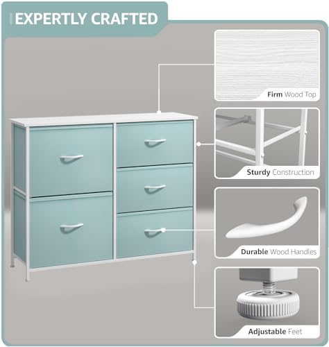Sorbus Kids Dresser with 5 Drawers - Storage Chest Organizer Unit with Steel Frame, Wood Top & Handles, Tie-dye Fabric Bins for Clothes - Wide Furniture for Bedroom Hallway Kids Room Nursery & Closet - color: Aqua, style: 5-Drawer