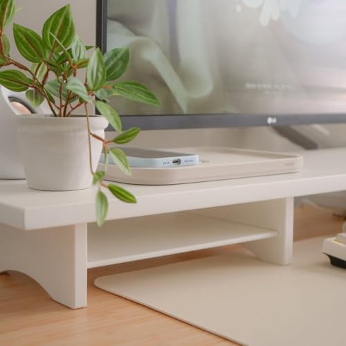 Bamboo Dual Monitor Stand Riser White, 2-Tier Desk Monitor Riser for 2 Monitors, Supports for PC Computer Monitor, Printer, Heavy TV Riser up to 300 lbs, White - color: White