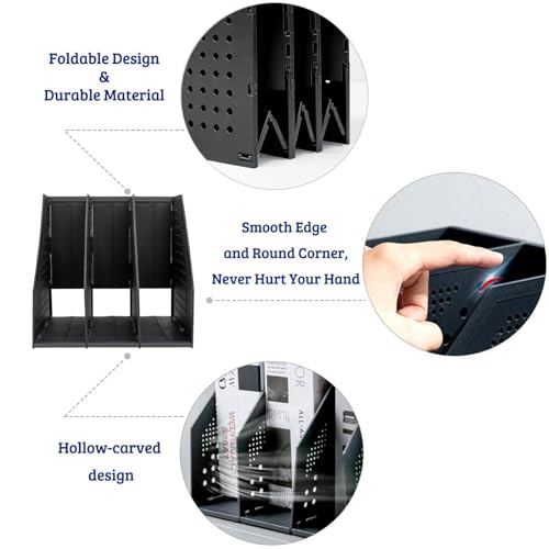Marte Vanci Collapsible 3 Compartment Magazine Holder Desktop Organiser Adjustable Sturdy File Dividers Document Cabinet Rack Display (2 Pcs Black) - color: Black 3 Compartments (2 Pcs)