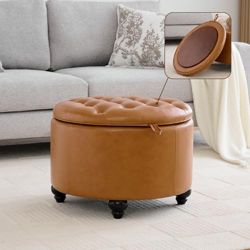 WUTUTUEE 24Inch Round Storage Ottoman with Tray, Modern Tufted Leather Circle Coffee Table with Storage, Upholstered Ottoman with Removable Top for Living Room, Bedroom, Leather Brown - color: Leather Brown, size: 24 Inch